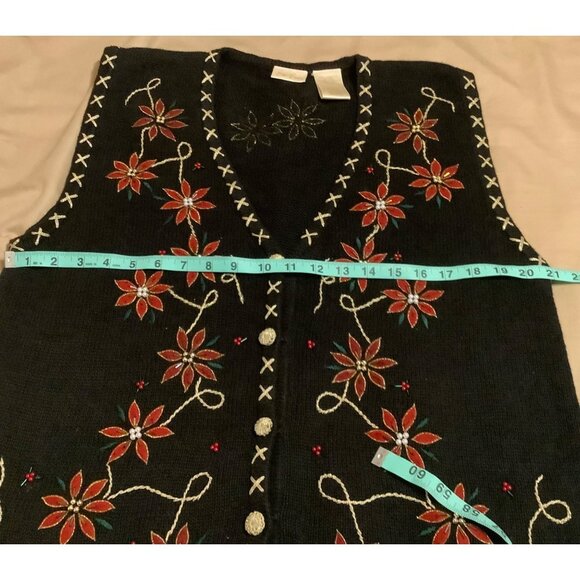 Vintage Bobbie Brooks Black Knit Vest Poinsettia Beaded Button Down Womens L - Picture 4 of 10